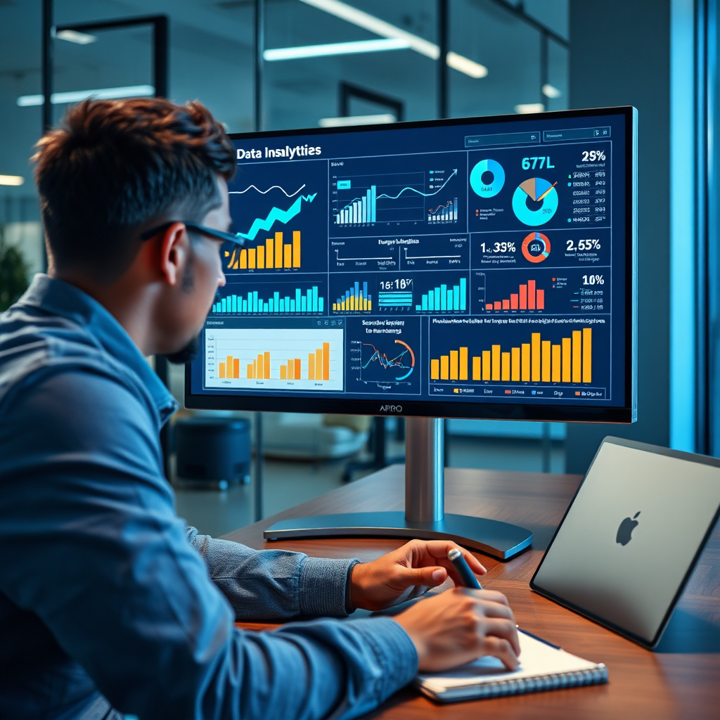 Create a photorealistic image depicting a person using data analytics tools to assess the market potential of a side hustle idea. The scene should be set in a modern office environment, with a large monitor displaying charts, graphs, and market research data. The lighting should be cool and professional, emphasizing the analytical nature of the task. Use a color palette of blues, grays, and greens to convey trust and data-driven decision-making. The camera angle should be a close-up shot, focusing on the person's face and the monitor's display. Props include a laptop, a tablet, and a notebook. The style should be clean and modern, reflecting the importance of data in validating business ideas. Technical specs: 8K resolution, hyperrealistic.