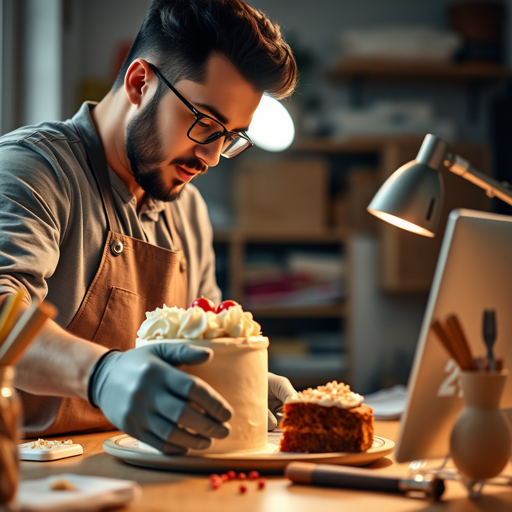 Create a photorealistic image showcasing a person utilizing their skills to create a product or service for their side hustle. For example, a baker decorating a cake, a programmer coding an app, or a photographer editing photos. The lighting should be bright and focused, highlighting the person's skill and the quality of their work. Use a vibrant color palette to convey creativity and passion. The camera angle should be a close-up shot, capturing the details of the person's actions. Props include tools of the trade, such as baking utensils, coding software, or photography equipment. The style should be authentic and inspiring, reflecting the satisfaction of monetizing one's skills. Technical specs: 8K resolution, hyperrealistic.