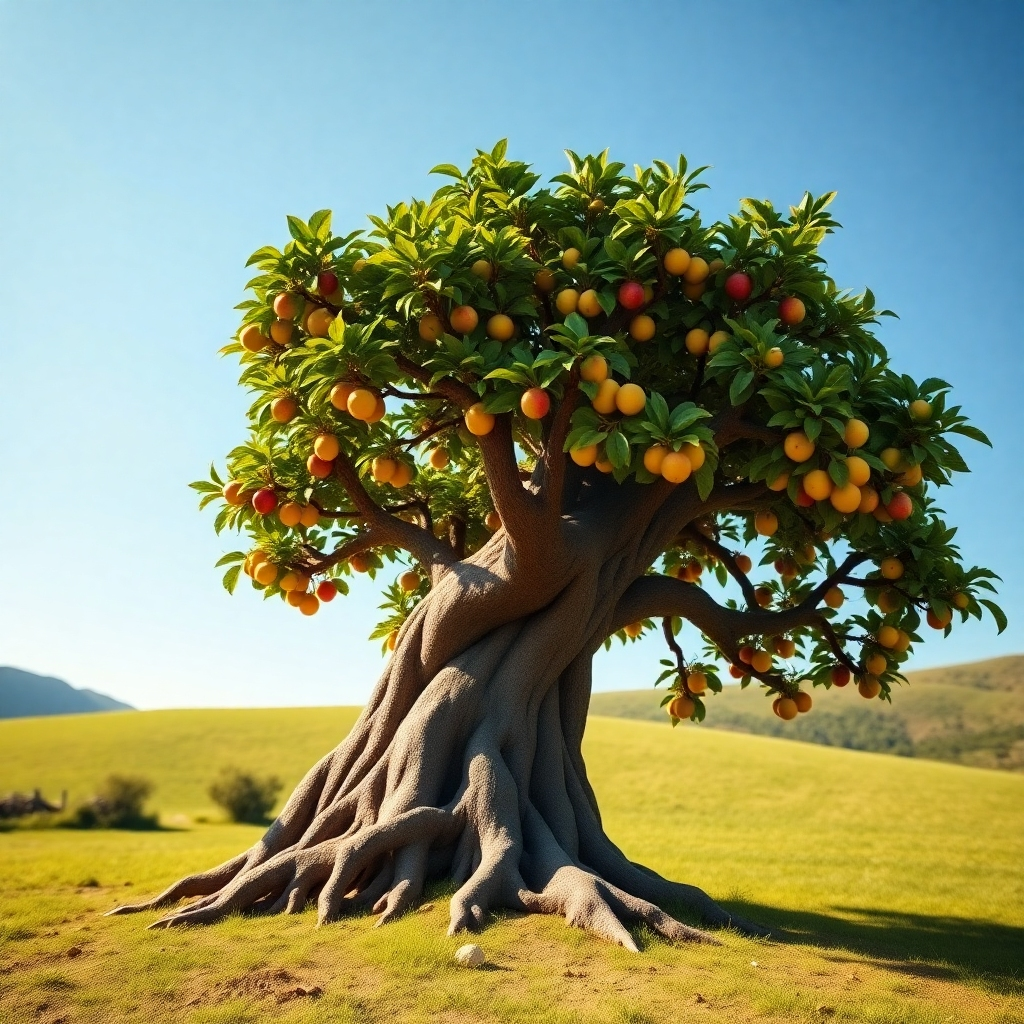Create a photorealistic image of a thriving, mature tree representing a successful affiliate marketing business. The roots of the tree should be deep and strong, symbolizing the foundations of the business. The branches should be laden with fruit representing the profits generated. The background is a lush, green landscape with a clear blue sky. The camera angle should be slightly low, looking up at the tree to emphasize its size and strength. Use a warm, natural color palette to represent growth and stability. The style should be classic and timeless, emphasizing the importance of building a sustainable business for long-term success. Render in 8K resolution with hyperrealistic details, paying attention to the texture of the bark, the details of the leaves and fruit, and the overall sense of vitality. The image should convey a sense of security, stability, and enduring success.