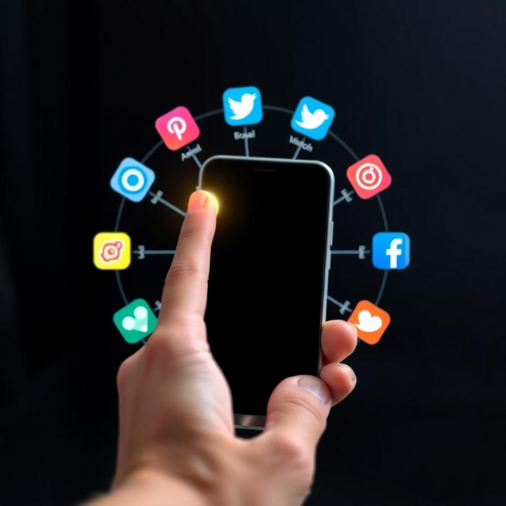 Create a photorealistic image showing a central mobile phone screen displaying a variety of recognizable social media app icons arranged around it like spokes on a wheel. Each icon glows subtly. The background is dark and blurred, to emphasize the phone's vibrant display. A hand is subtly reaching towards one of the icons, representing choice and engagement. The image symbolizes selecting the right platforms. Camera angle: close-up, focusing on the phone screen. Technical specs: 8K resolution, hyperrealistic rendering.