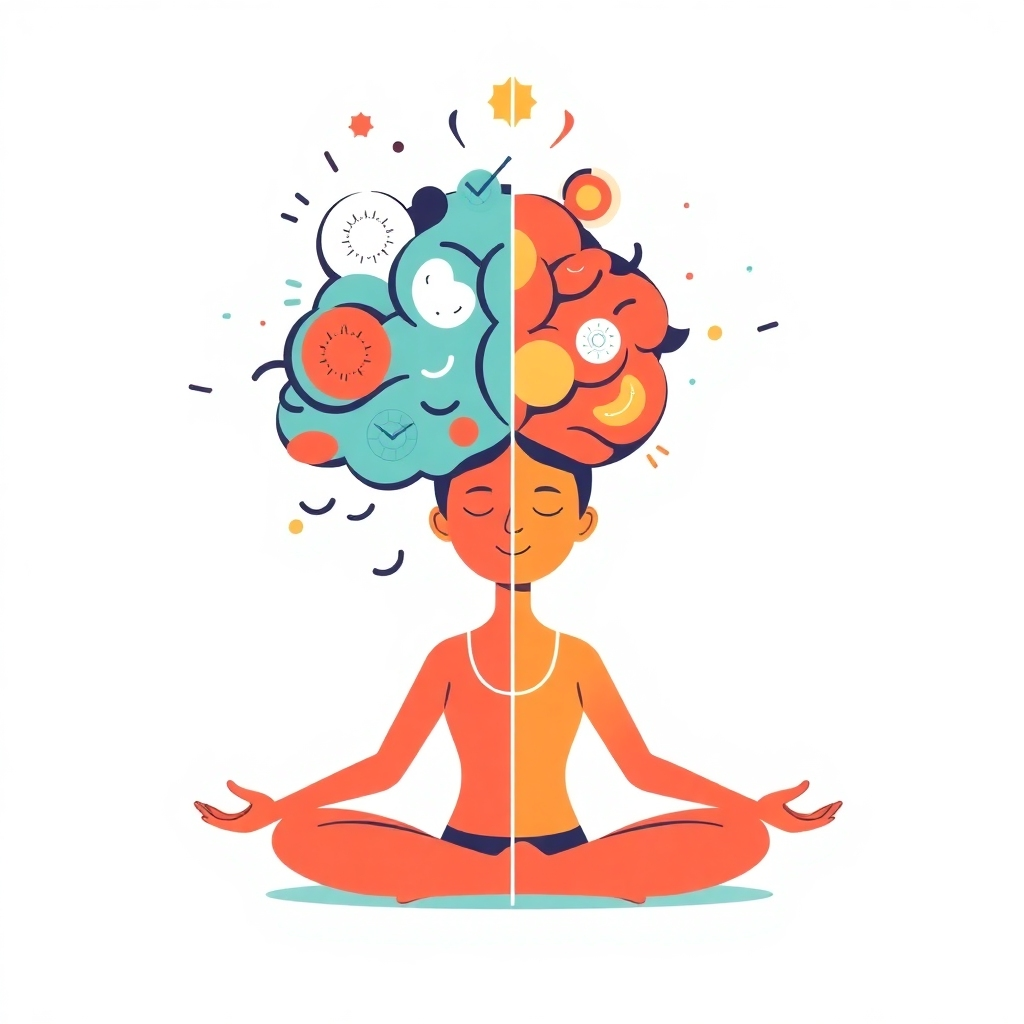 Create a stylized illustration that visually represents the concept of stress relief. Depict a busy mind transforming into a calm, peaceful state after a yoga session.  Use contrasting colors to symbolize the before-and-after states.