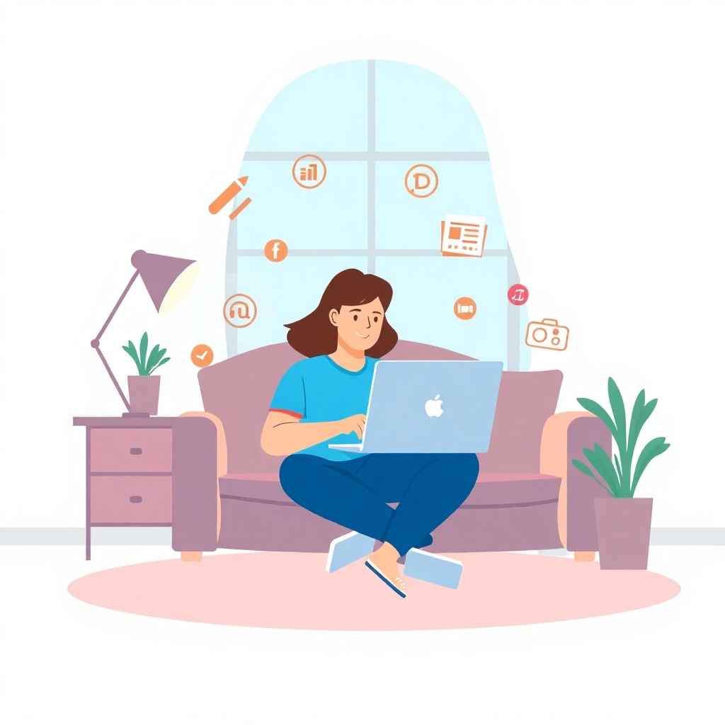 Create a stylized image of a person working comfortably from a brightly lit home office, using a laptop. The person should appear relaxed and focused. Around them, visually represent various freelance opportunities using icons or small graphics: a pencil for writing/editing, a code symbol for programming, a camera for photography/videography, etc. The background should be clean and modern, incorporating pastel colors and geometric shapes. Use a flat design style with subtle gradients to add depth. The overall feeling should be optimistic and empowering, conveying the idea of freedom and flexibility in the freelance world.