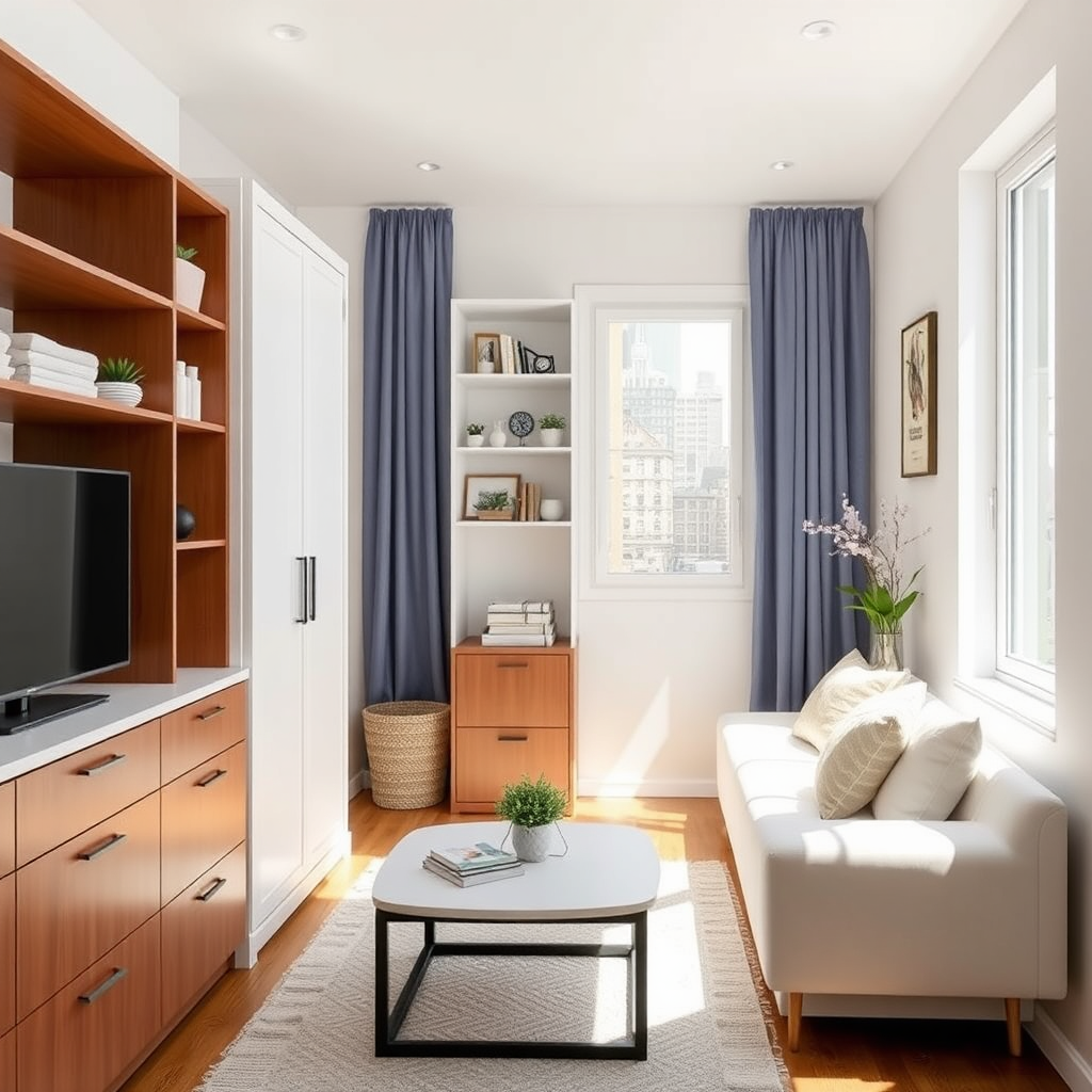 Create a stylized image of a small apartment with clever storage solutions and sparkling clean surfaces. Focus on maximizing space and light. Use a bright and cheerful color palette to convey a sense of freshness and order. The style should be modern and minimalist.