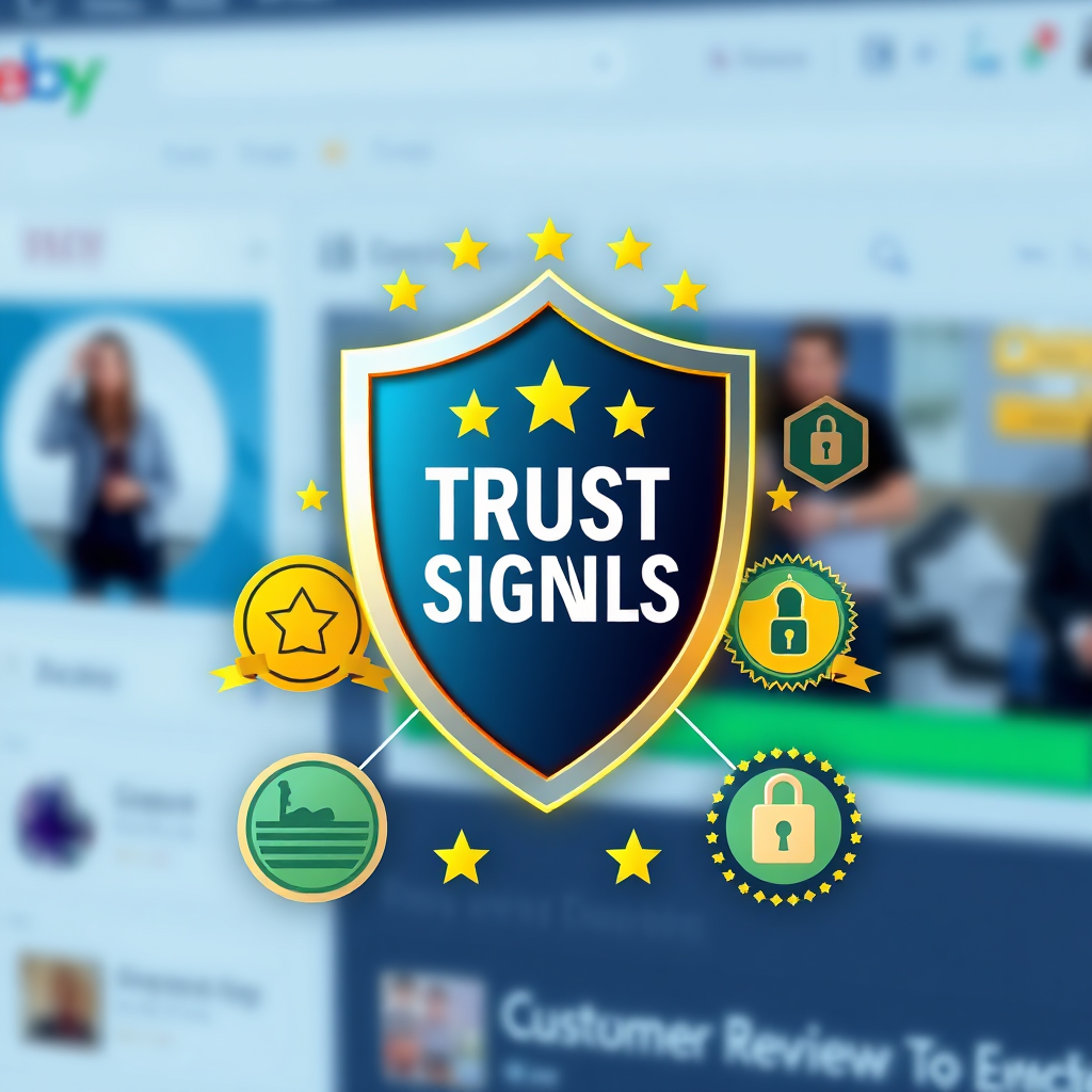 Create a stylized image representing trust signals on a product page. The main element is a shield icon made of interconnected customer reviews, star ratings, and security badges. The background should be a blurred representation of a product page interface. Use a color palette of blues, greens, and golds to convey trustworthiness and reliability. Style: Modern, minimalist design with a focus on visual hierarchy. Lighting should emphasize the shield icon as the central element. The overall image should communicate a sense of security and customer satisfaction.