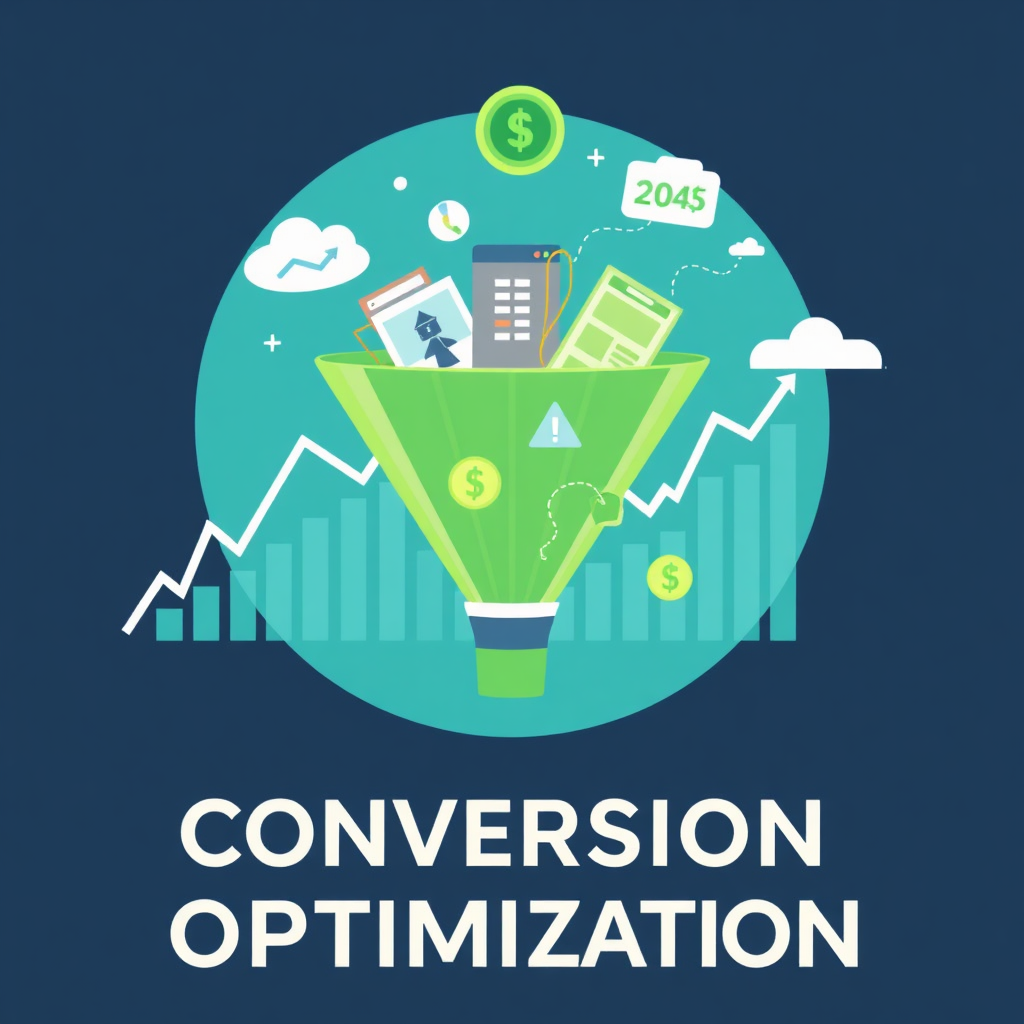 Create a stylized image representing the process of conversion optimization. The image should feature a funnel with website traffic flowing in and converting into money. Charts and graphs in the background display metrics like conversion rates and click-through rates. Use a clean and modern design style with a color scheme of greens and blues to convey efficiency and progress.