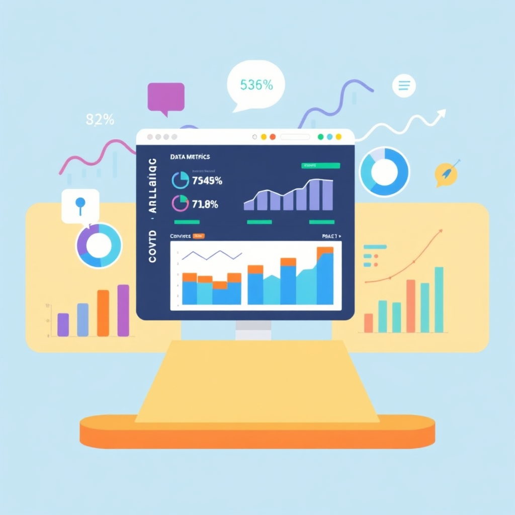 Create a stylized image representing data analytics and optimization. The main element is a dashboard displaying key metrics like conversion rates, bounce rates, and sales figures. The background could include charts, graphs, and other data visualization elements. Use a color palette of blues, greens, and purples to convey a sense of insight and strategic decision-making. Style: Modern, minimalist design with a focus on clarity and visual hierarchy. The overall image should communicate the importance of data-driven decision-making in product page optimization.