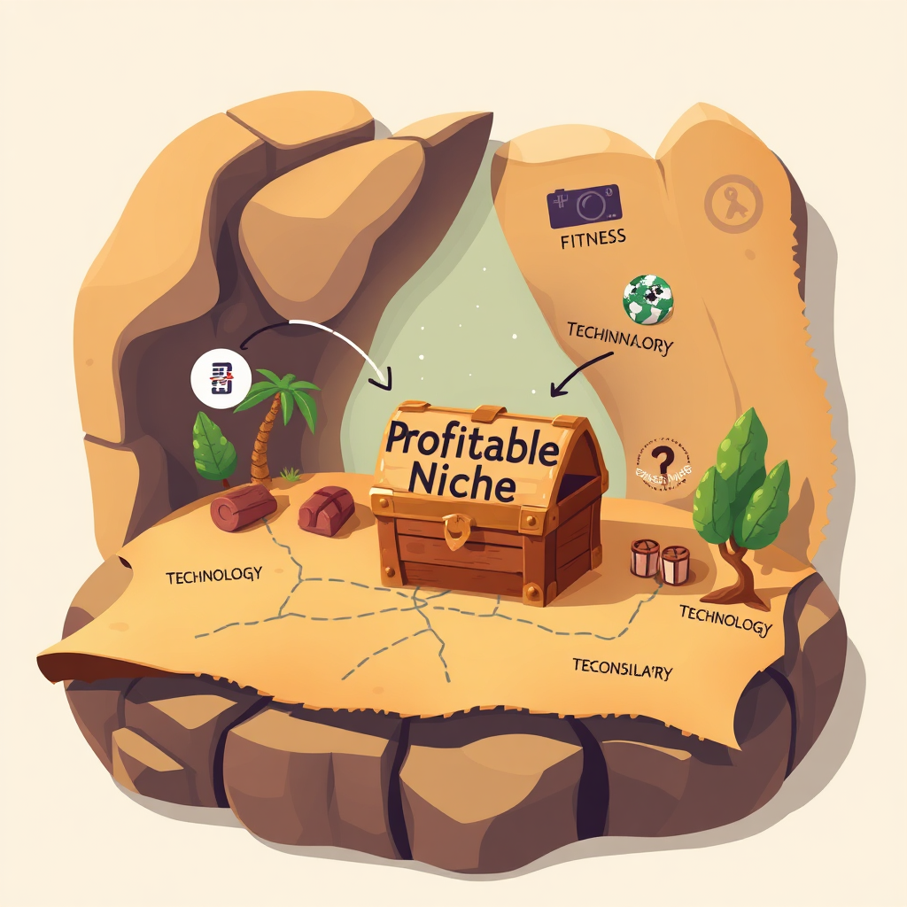 Create a stylized image resembling a treasure map pointing to a chest labeled 'Profitable Niche'. The surrounding area should represent different niche markets (e.g., fitness, technology, finance), each with distinct visual cues. The style should be illustrative with a vintage feel, yet still modern. The lighting should create a sense of discovery and excitement. The color scheme uses browns, golds, and greens.