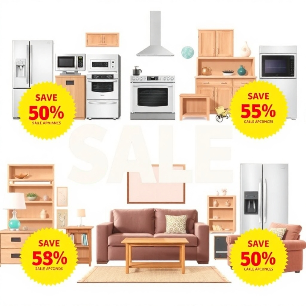 Create a stylized image showcasing a variety of appliances and furniture arranged attractively, with overlay text indicating sale prices or discounts.  Use bright colors and a dynamic composition to attract attention.