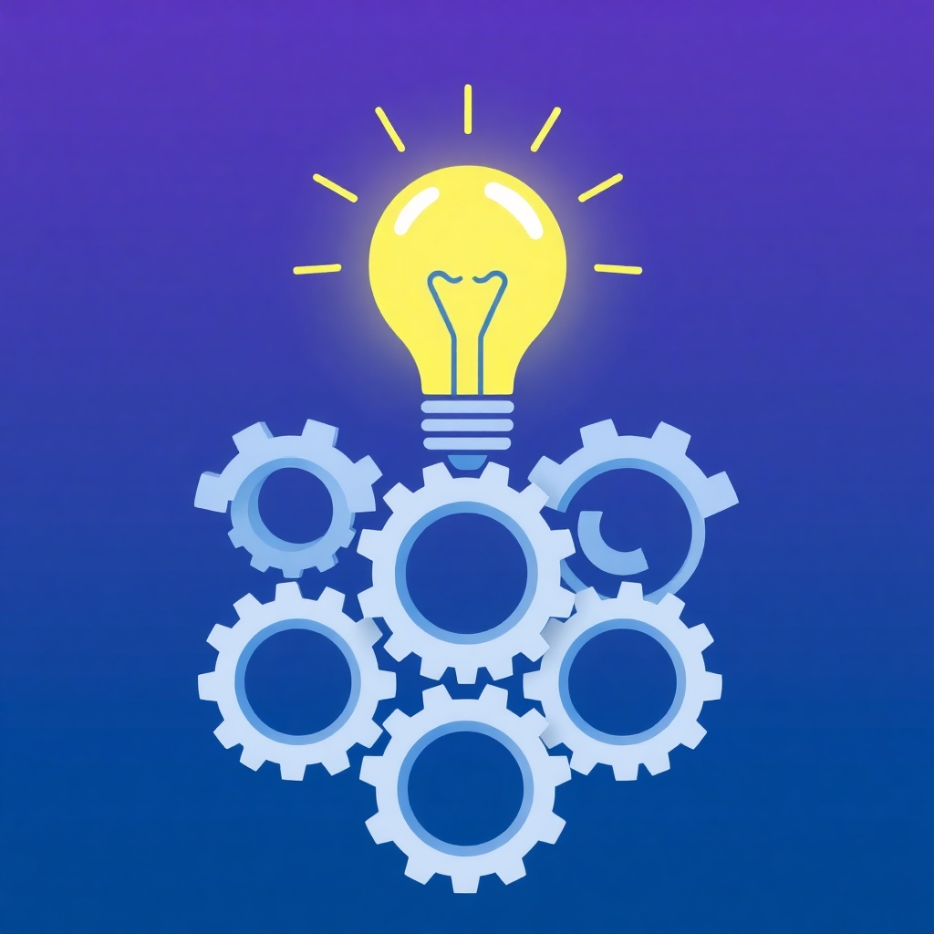 Create a stylized image showing a lightbulb illuminating a series of interconnected gears, representing the strategic creation of content. The background should be a gradient of blues and purples, symbolizing knowledge and creativity. The style should be clean and modern.