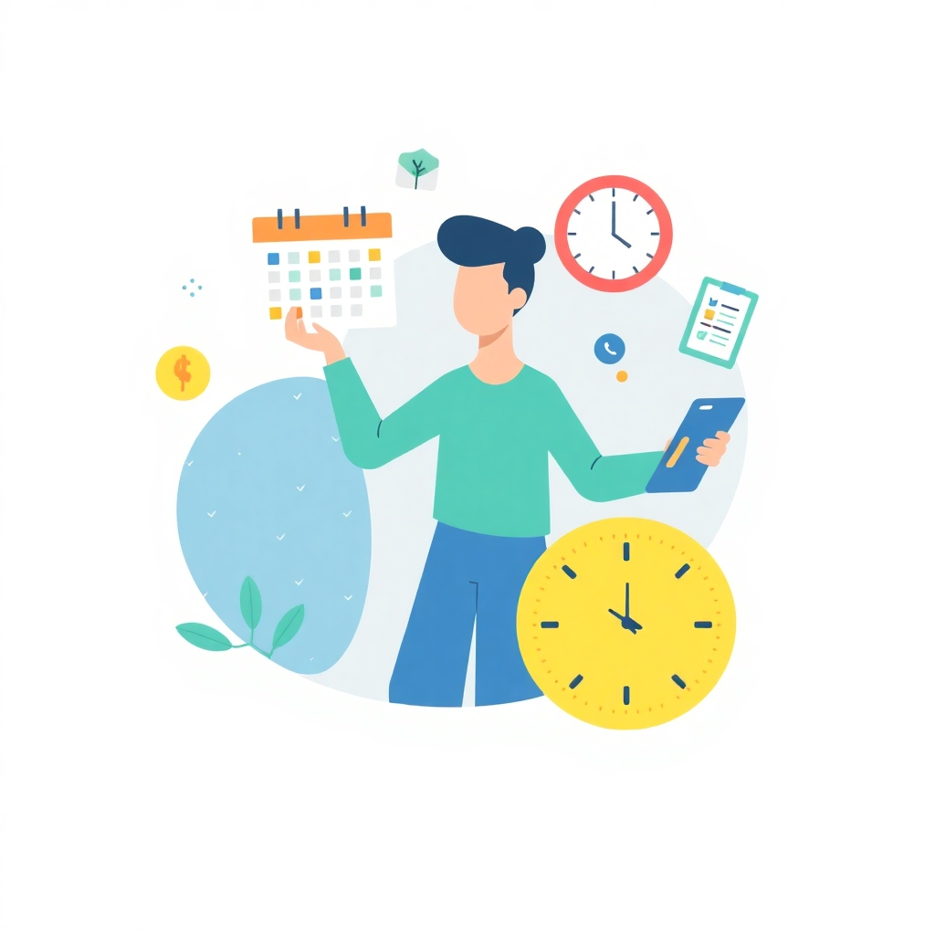 Create a stylized image visually representing effective time management strategies. Showcase a person effortlessly managing their schedule using a digital calendar, a to-do list app, and a timer. Symbolically represent different tasks and priorities using colorful icons and graphics. The background should be clean and organized, with visual cues that emphasize focus and efficiency. Use a modern and minimalist design style with a calming color palette of blues, greens, and yellows. The overall feeling should be one of control, balance, and accomplishment.