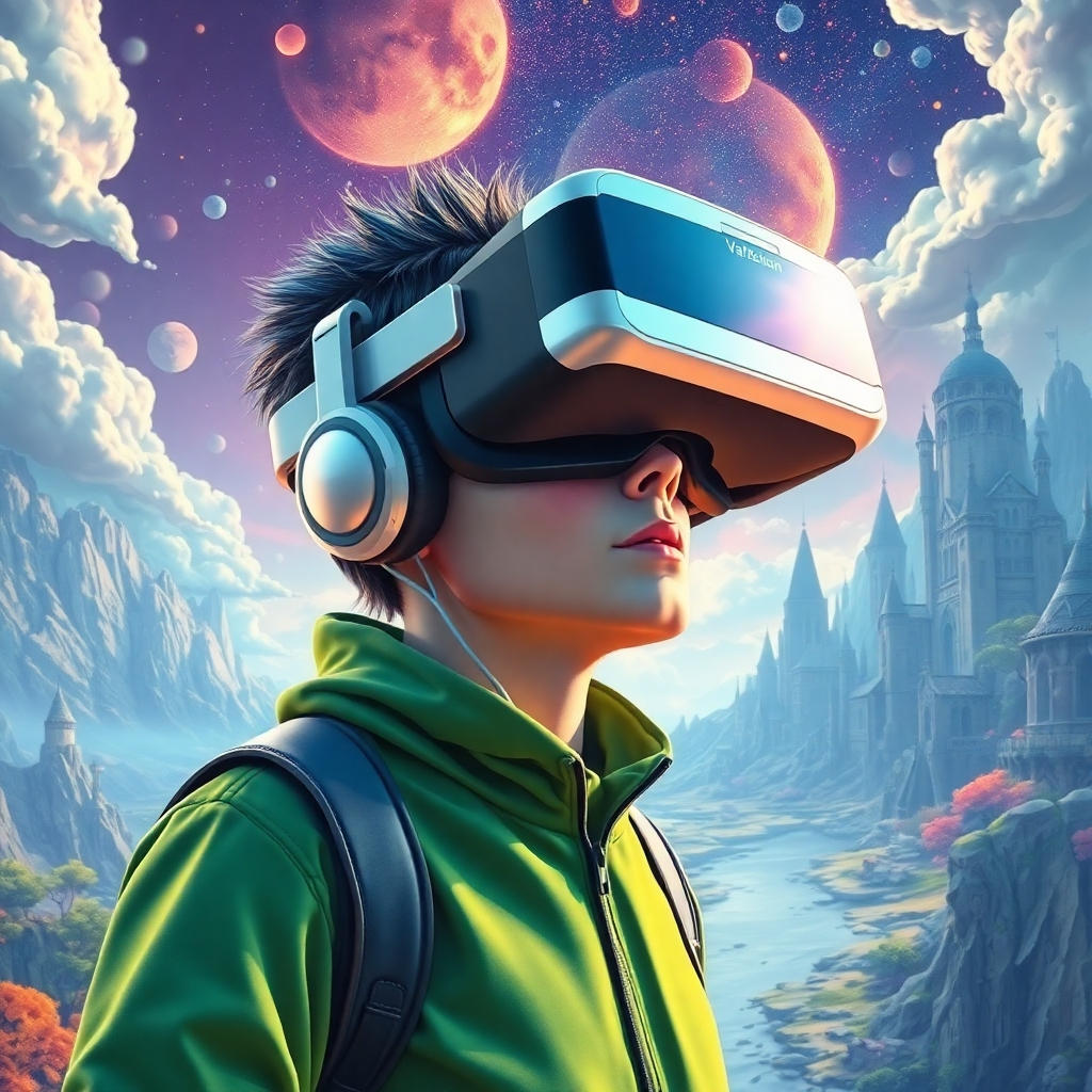 Create a stylized yet realistic image depicting a VR user experiencing a fantastical journey to a fictional world. The virtual environment could be an otherworldly landscape, a futuristic city, or a magical kingdom. Show a blend of realistic and fantastical elements, showcasing imaginative possibilities. Vivid color palette, hyperrealistic rendering.