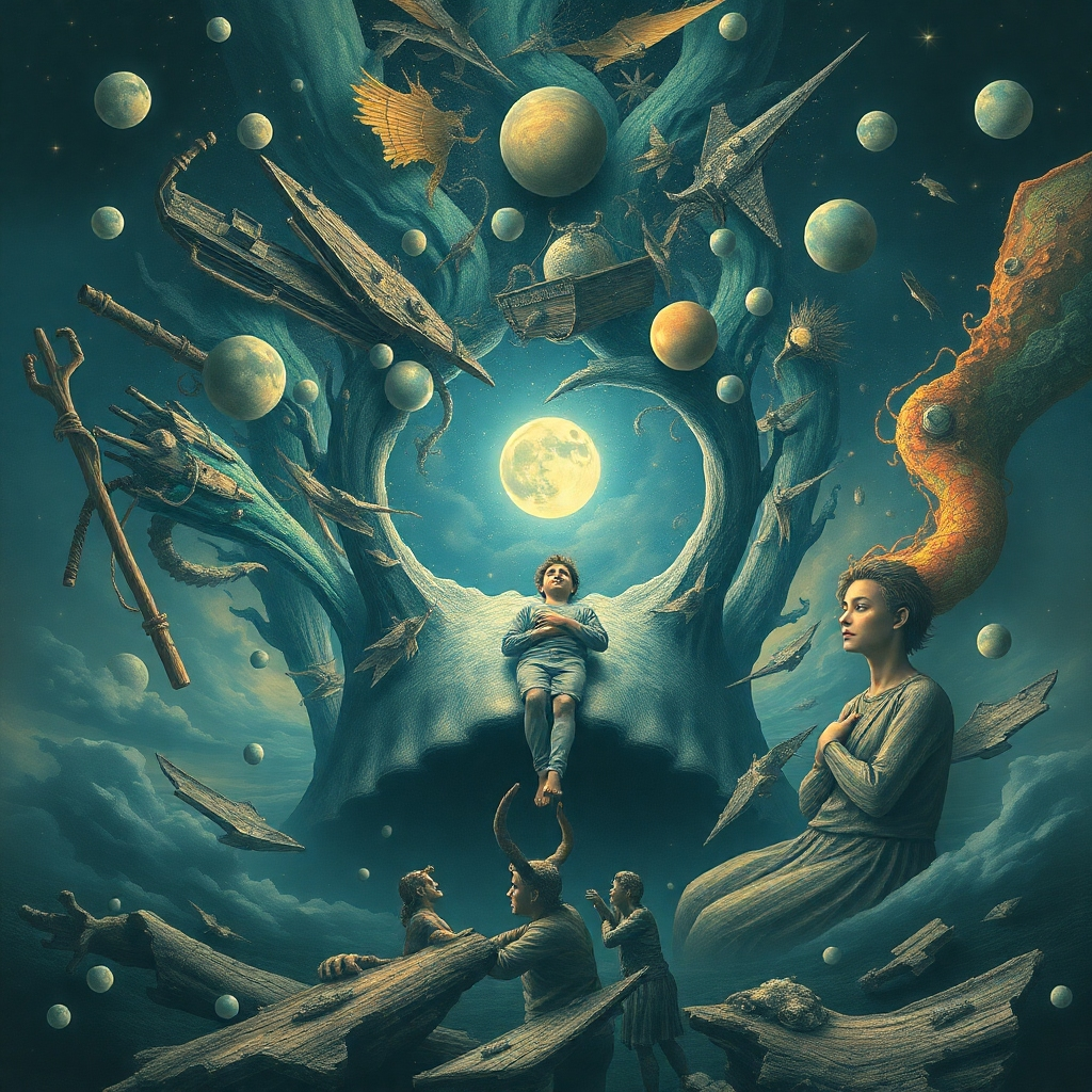 Create a surreal image showing a peaceful mind free from worries. The background should consist of chaotic elements, while the foreground depicts a serene state of mind.