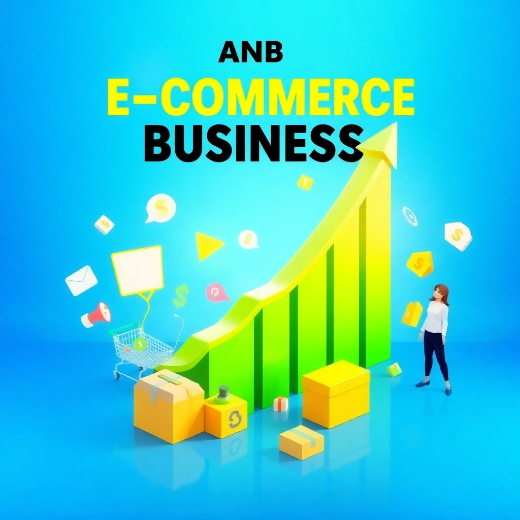 Create a vibrant and dynamic image that visually represents the growth and success of an e-commerce business. The image should feature a 3D graph trending upwards, with icons of shopping carts, product boxes, and happy customers surrounding it. Use a bright and energetic color palette with bold blues, greens, and yellows. The background should be clean and modern, with subtle geometric patterns. The lighting should be dramatic, highlighting the key elements of the graph and the surrounding icons. The style should be similar to infographics and data visualizations, emphasizing clarity and impact. The overall feeling should be optimistic and inspiring, conveying the idea of exponential growth and financial success.