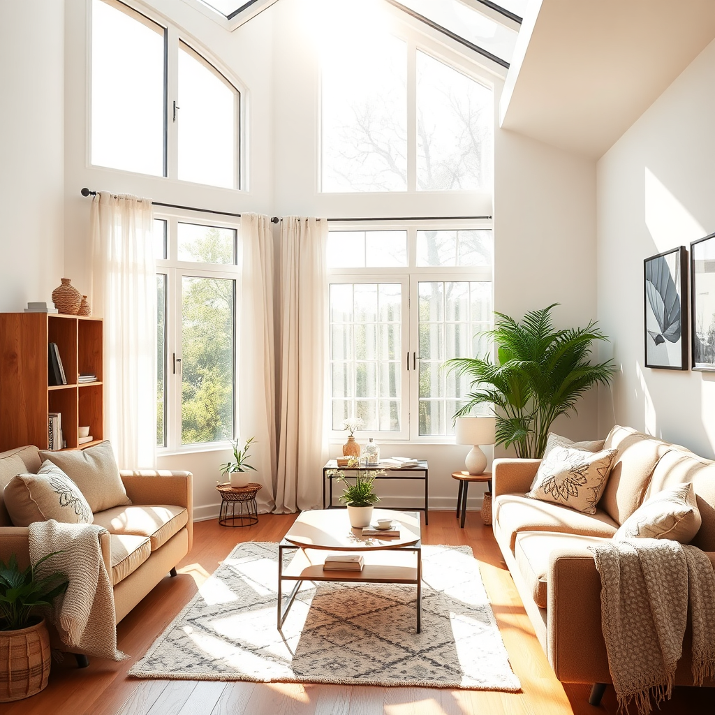 Create a vibrant image of a freshly cleaned living room with sunlight pouring in. Focus on the details: dust-free surfaces, clean windows, and organized furniture. Include a plant to add a touch of nature and freshness.