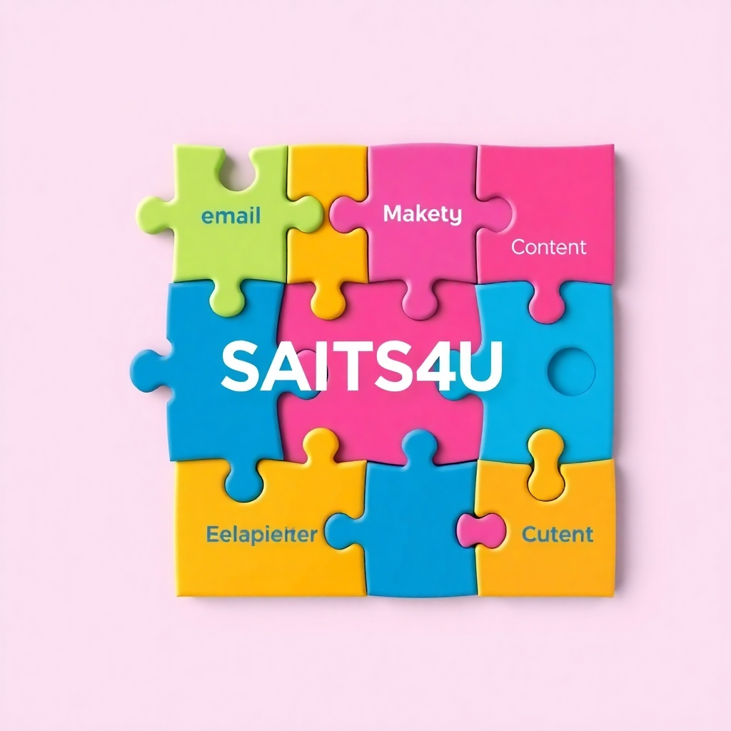 Create a visual metaphor of different puzzle pieces fitting together perfectly, each piece representing a different marketing channel (email, social media, content, etc.). The completed puzzle should form the SAITS4U logo. The color palette should be vibrant and harmonious.