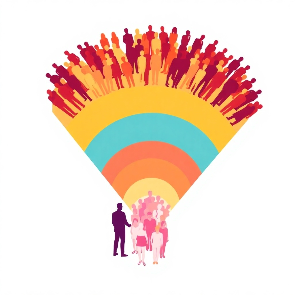 Create a visual of a funnel with a large number of people entering at the top and a smaller, but higher quality, group of customers exiting at the bottom. Use bright, vibrant colors to represent the flow of customers through the conversion process.