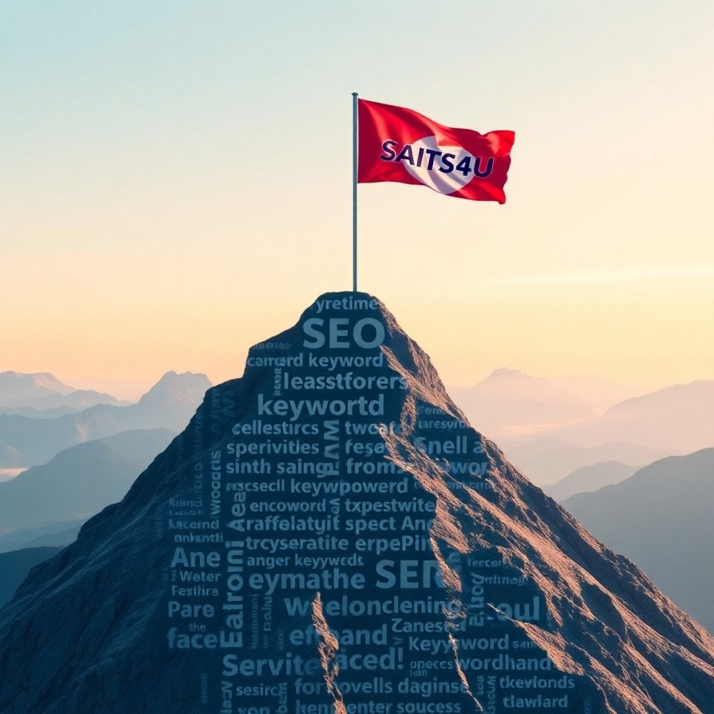 Create a visual representation of a mountain peak with a flag planted at the top, symbolizing SEO success. The mountain should be composed of keywords and search terms, and the flag should bear the SAITS4U logo. The sky in the background should be clear and bright.