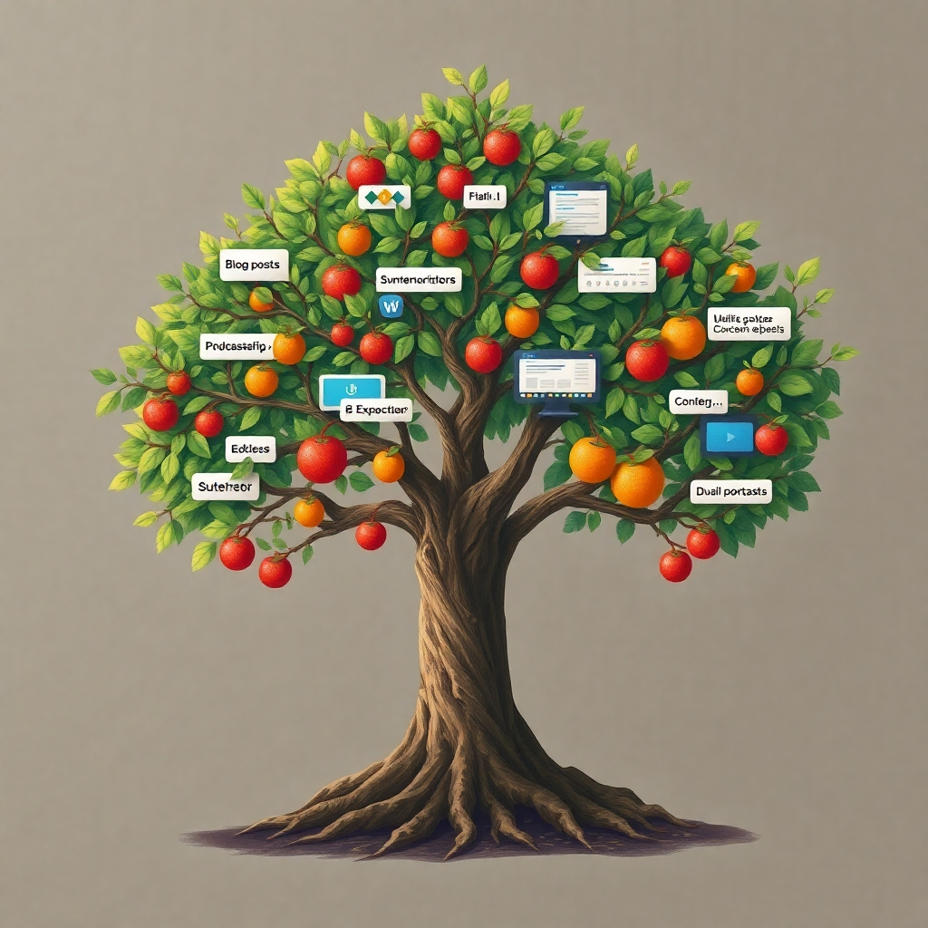 Create a visual representation of a tree with branches extending into different forms of content – blog posts, videos, podcasts, social media updates. Each branch is laden with fruit representing different forms of monetization – ads, sponsorships, subscriptions, merchandise sales. The tree is rooted in a foundation of passion and expertise. The overall aesthetic should be natural and abundant, reflecting the potential of content monetization. Resolution: 4K, digital painting.