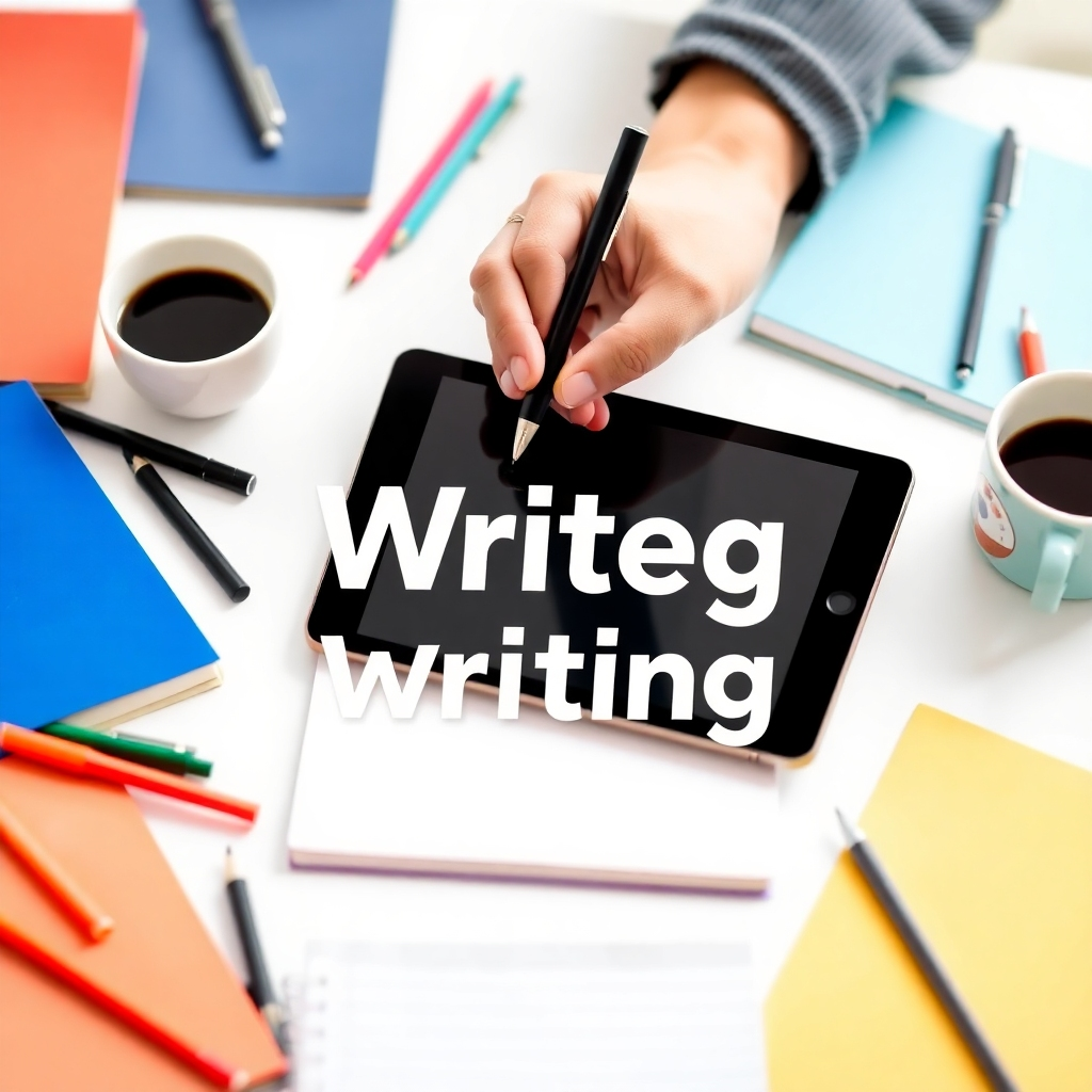 Create a visually appealing image showing a person writing on a digital tablet, surrounded by creative elements like pens, notebooks, and coffee cups. The background should be a bright and inspiring workspace.