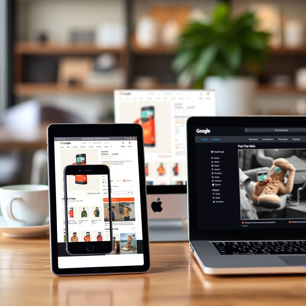 Create a visually appealing image showing a product page displayed on multiple devices (smartphone, tablet, laptop). The product page should be responsive and adapt seamlessly to each screen size. The background could be a blurred representation of a modern workspace or a coffee shop. The devices should be arranged in a way that emphasizes their interconnectedness and the importance of a consistent user experience across all platforms. Style: Clean, modern design with a focus on usability and responsiveness. Lighting should highlight the screens of the devices, showcasing the product page in its best light. The overall image should convey the importance of mobile optimization in today's e-commerce landscape.