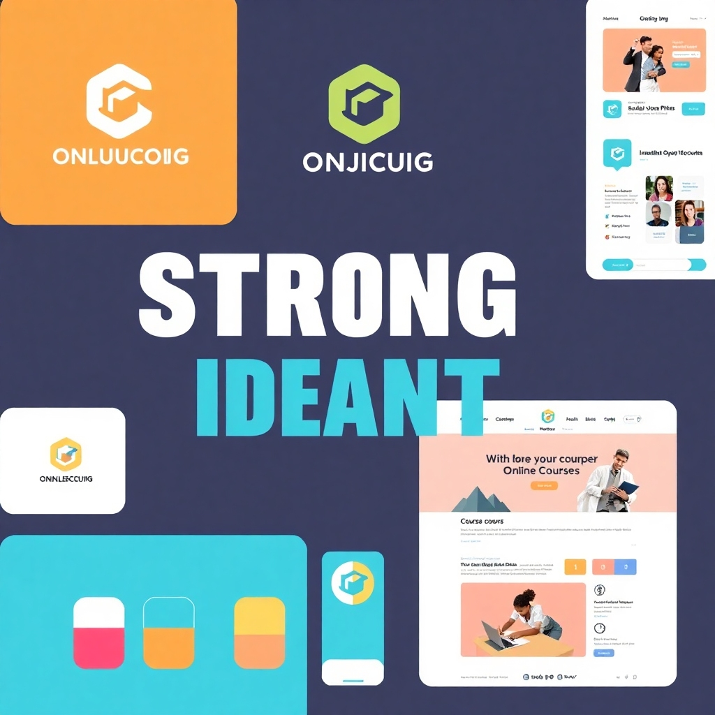 Create a visually compelling image showcasing a strong brand identity for an online course creator. The composition includes elements like a well-designed logo, consistent brand colors, engaging social media profiles, and professional course landing pages. The visual style is clean, modern, and cohesive, reflecting a consistent brand message. The color palette is professional and appealing, conveying trust and credibility. The image should represent the importance of building a recognizable and trustworthy brand for sustained success in the online course market.