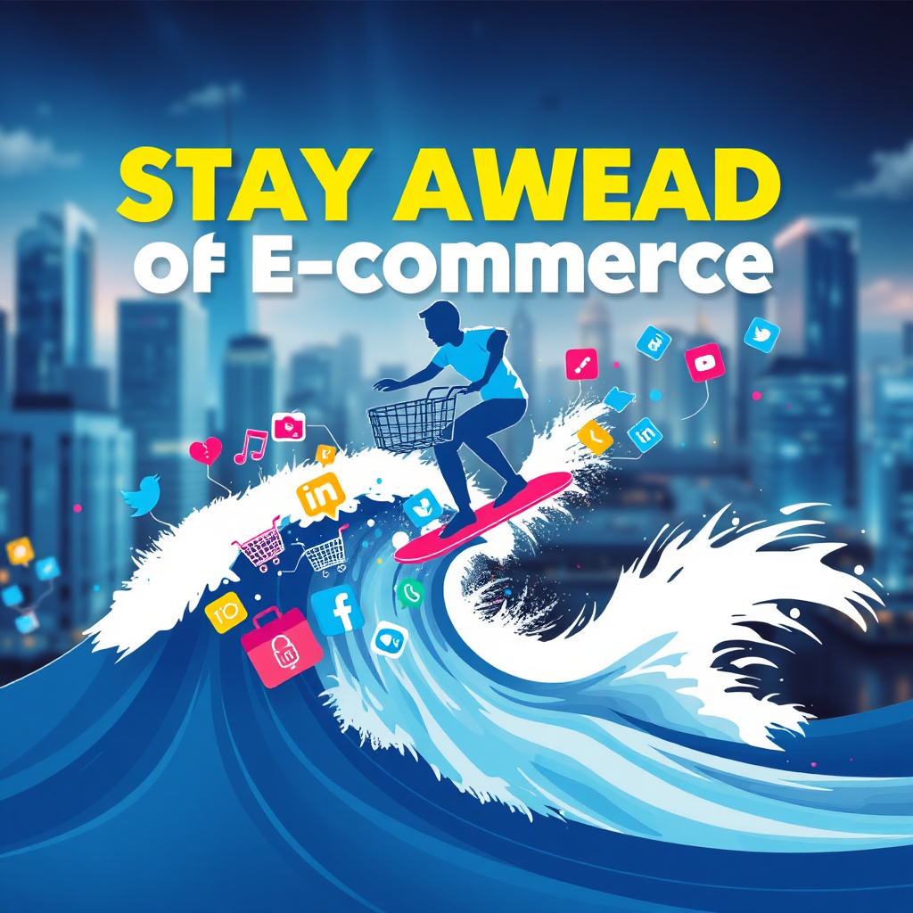 Create a visually dynamic image that captures the concept of staying ahead of e-commerce trends. Depict a person surfing a wave of digital trends, represented by icons like shopping carts, social media logos, and mobile devices. The person is confidently riding the wave, symbolizing adaptability and foresight. The background could be a futuristic cityscape, representing the ever-evolving nature of the digital landscape. The style should be vibrant and energetic, conveying a sense of excitement and opportunity. The overall image should communicate the importance of continuous learning and adaptation in the world of e-commerce.