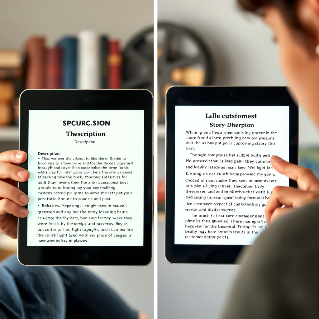 Create a visually engaging image depicting a person reading a product description on a tablet. The left side of the tablet displays a generic, bullet-point-filled description. The right side showcases a compelling, story-driven description that emphasizes benefits and solves customer pain points. The person's facial expression should change from bored and disinterested on the left to engaged and excited on the right. The background could subtly incorporate elements of storytelling, like books or a movie reel. Style: Modern, clean design with a focus on human emotion. Lighting should highlight the tablet screen and the person's face. Texture details: High resolution, showing the clarity of the text and the expressions of the person. Camera angle: slightly angled, capturing both the tablet screen and the person's face.