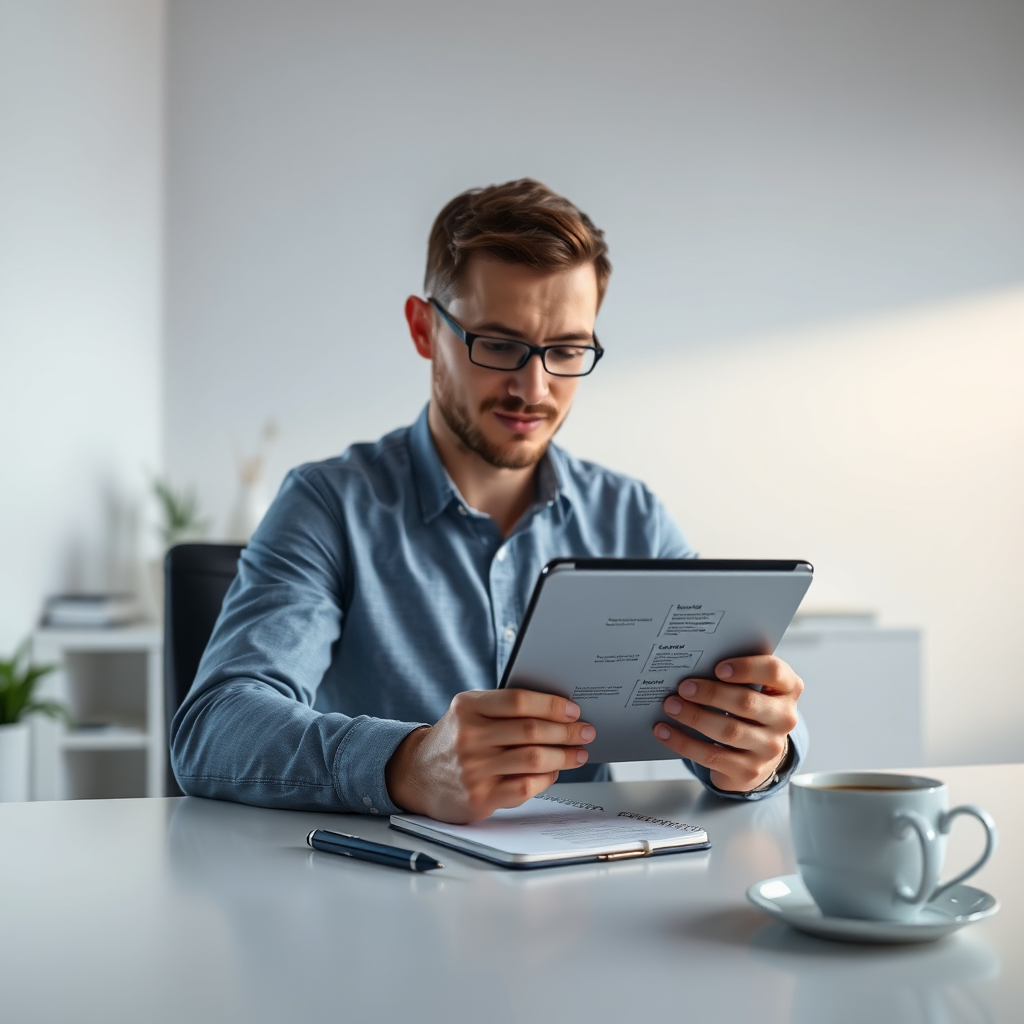 Create an 8K photorealistic image. The subject consists of a person sitting at a clean desk reviewing a detailed, step-by-step project plan displayed on a tablet. The lighting is soft, overhead, and diffused. Color palette leans towards blues and grays, creating a sense of organization and clarity. The camera angle is a medium shot that captures the person's focused expression and the clear layout of the plan on the tablet. The scene should be tidy and minimalist, to showcase focus. Style leans towards professional, but also friendly. Add props like a pen, notebook, and a cup of coffee. Render in hyperrealistic detail.
