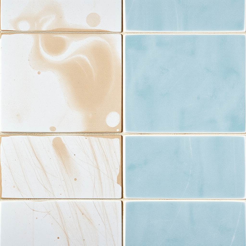 Create an image of a close-up shot showcasing the meticulous deep cleaning of a bathroom tile surface. Focus on the transition from dirty to sparkling clean. Use high resolution to capture the texture of the tile and the effectiveness of the cleaning process. Emphasize the use of eco-friendly cleaning products.