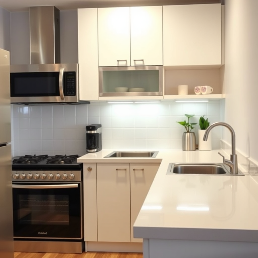 Create an image of a modern, well-organized apartment kitchen with gleaming countertops and spotless appliances. Focus on maximizing space and functionality. Use a bright and cheerful color palette.