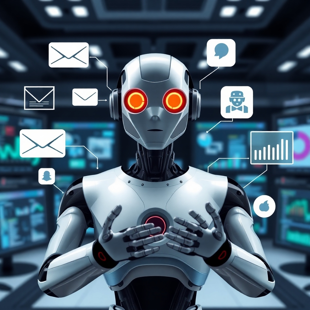 Create an image of a robot seamlessly managing various marketing tasks, such as sending emails, posting on social media, and analyzing data. The robot should be sleek and modern, and the background should represent a futuristic command center.