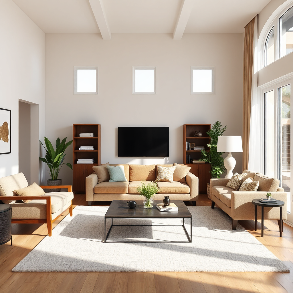 Create an image of a well-maintained living room with soft, natural light streaming in. The room should appear lived-in but perfectly clean, with a focus on regularly cleaned surfaces. Show a subtle sense of order and comfort.