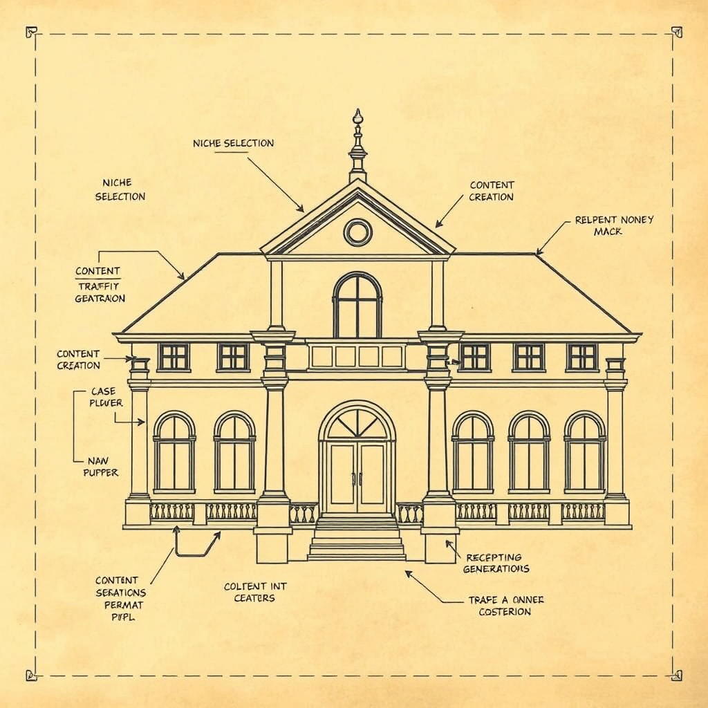 Create an image of an architectural blueprint representing an affiliate marketing strategy, with detailed annotations for various stages such as niche selection, content creation, and traffic generation. The blueprint should be drawn in a classic style with fine lines and a sepia-toned color scheme, giving it a professional and trustworthy appearance.