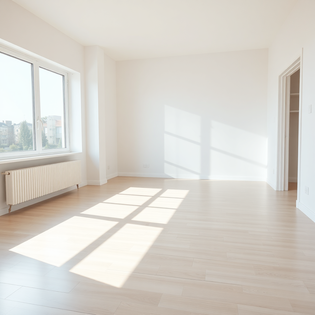Create an image of an empty apartment, recently cleaned, with sunlight streaming through the windows. Focus on the cleanliness of the floors, walls, and fixtures. The color scheme should be neutral and bright, suggesting a fresh start.