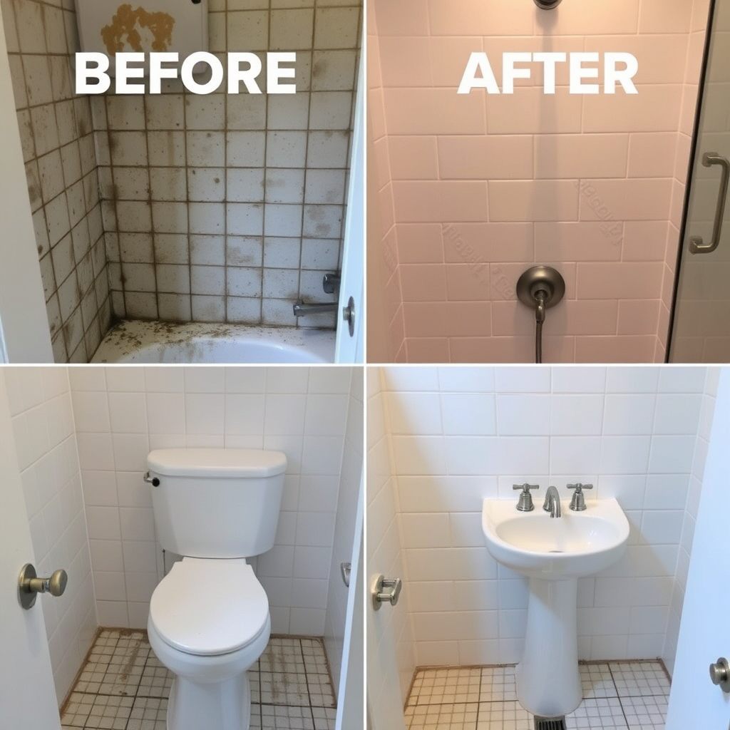 Create an image showcasing a before-and-after transformation of a heavily soiled bathroom. Highlight the dramatic difference after the deep cleaning process, focusing on the cleanliness of the tiles, grout, and fixtures.