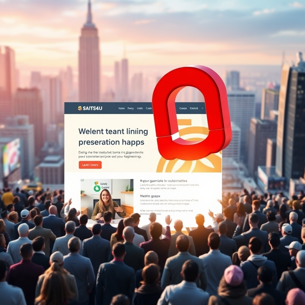 Create an image showcasing a magnet attracting a large group of people towards a website landing page. The landing page should be visually appealing and highlight the benefits of SAITS4U's lead generation strategies. The background should be a bustling cityscape.
