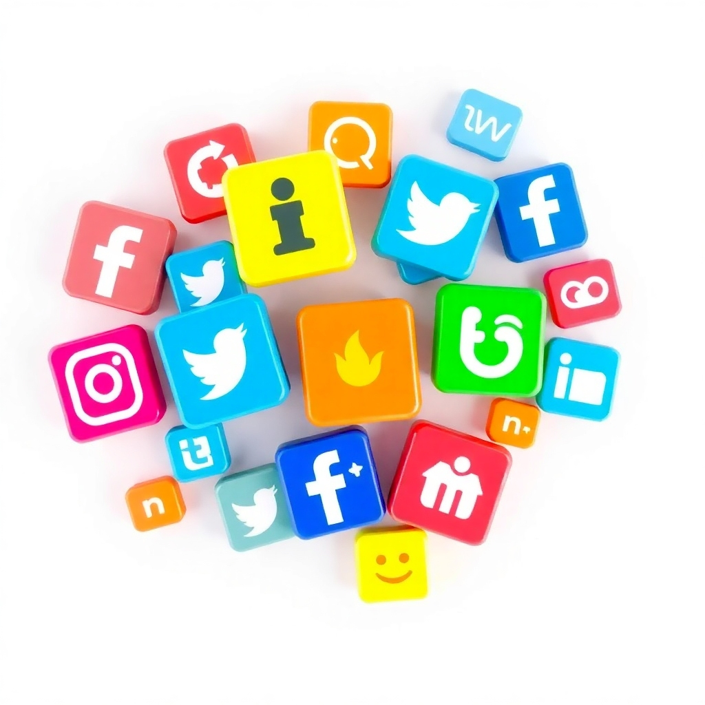 Create an image showcasing various social media icons arranged in a visually appealing manner. The icons should be brightly colored and interconnected, symbolizing the power of social media engagement. The background should be a clean and modern design.