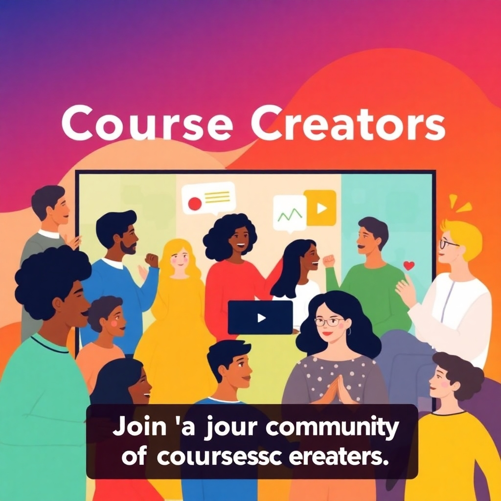 Create an image that depicts a vibrant online community of course creators. The visual features diverse individuals interacting in a virtual space, sharing ideas, collaborating on projects, and celebrating achievements. The setting could be a virtual conference or a collaborative online platform. The color palette is warm, inviting, and inclusive, reflecting the diverse and supportive nature of the community. The style is modern and dynamic, conveying a sense of connection, collaboration, and shared success. The composition should emphasize the benefits of joining a thriving community of course creators.