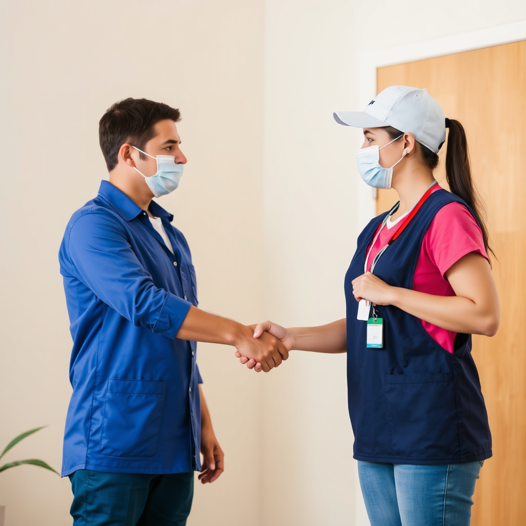 Create an image that highlights the trust and reliability of the cleaning service. This could be depicted through a handshake between a client and a cleaner, or a shot of a cleaner with a badge and a background check symbol.
