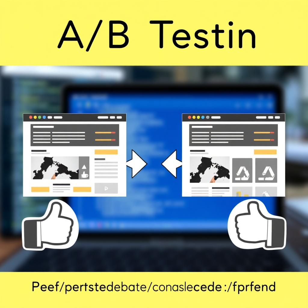 Create an image that visually represents A/B testing. Split the image into two distinct sides, each showcasing a different version of a product page. One side should have elements marked as 'A' and the other side as 'B,' with arrows indicating the flow of testing and comparison. Subtle visual cues, like thumbs up and thumbs down icons, can indicate which version is performing better. The background could be a blurred representation of a web development environment. The style should be clean and modern, emphasizing the scientific approach to optimization.