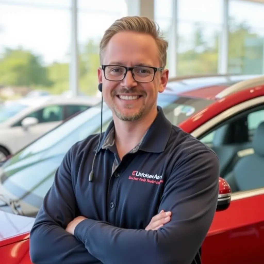A scene depicting a car dealership, with Clay Franks shaking hands with a happy customer after finalizing a car purchase. The dealership is modern and welcoming, filled with new cars on display.