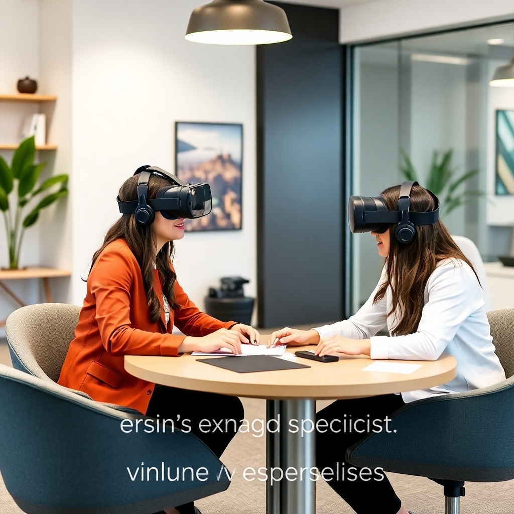 Depict a collaboration between a client and a VR specialist, designing a custom VR travel experience. Use a modern, clean office setting to convey professionalism and personalized service. Focus on the interactive and collaborative aspect.