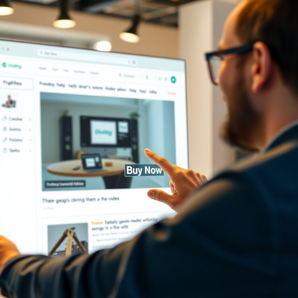 Depict a customer happily clicking a 'Buy Now' button on a product page featuring a high-quality product demonstration video. The scene should convey a sense of ease and satisfaction. Focus on the seamless integration of video into the purchase process. Lighting should be warm and inviting, creating a sense of trust. The color palette should be professional and trustworthy. The environment should be clean and modern, representative of an e-commerce store. Style reference: a blend of user experience design and persuasive marketing. 8k resolution, photorealistic.