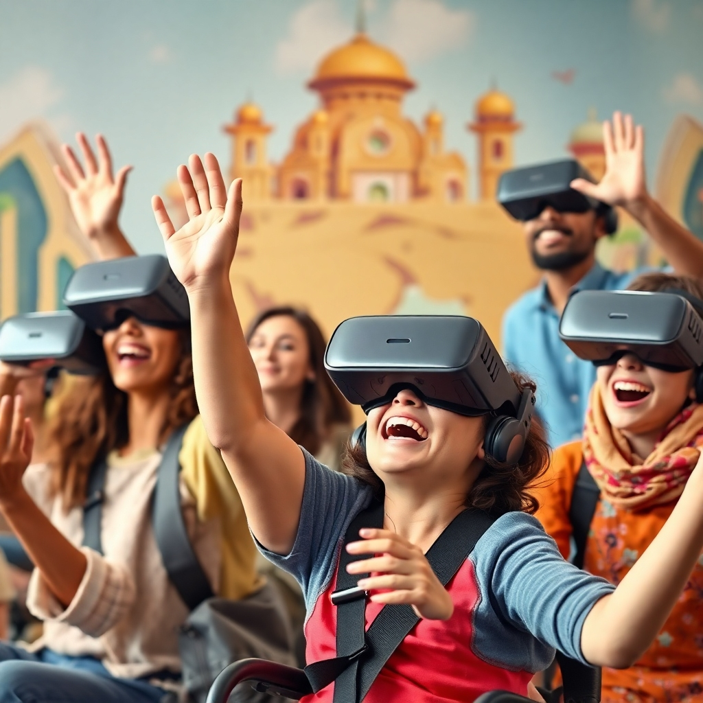 Depict diverse people of various ages and abilities excitedly using our VR travel experiences. Emphasize the inclusivity aspect; show people with disabilities enjoying the vibrant, diverse virtual destinations. Capture real emotions of wonder and joy. High resolution photorealistic rendering.