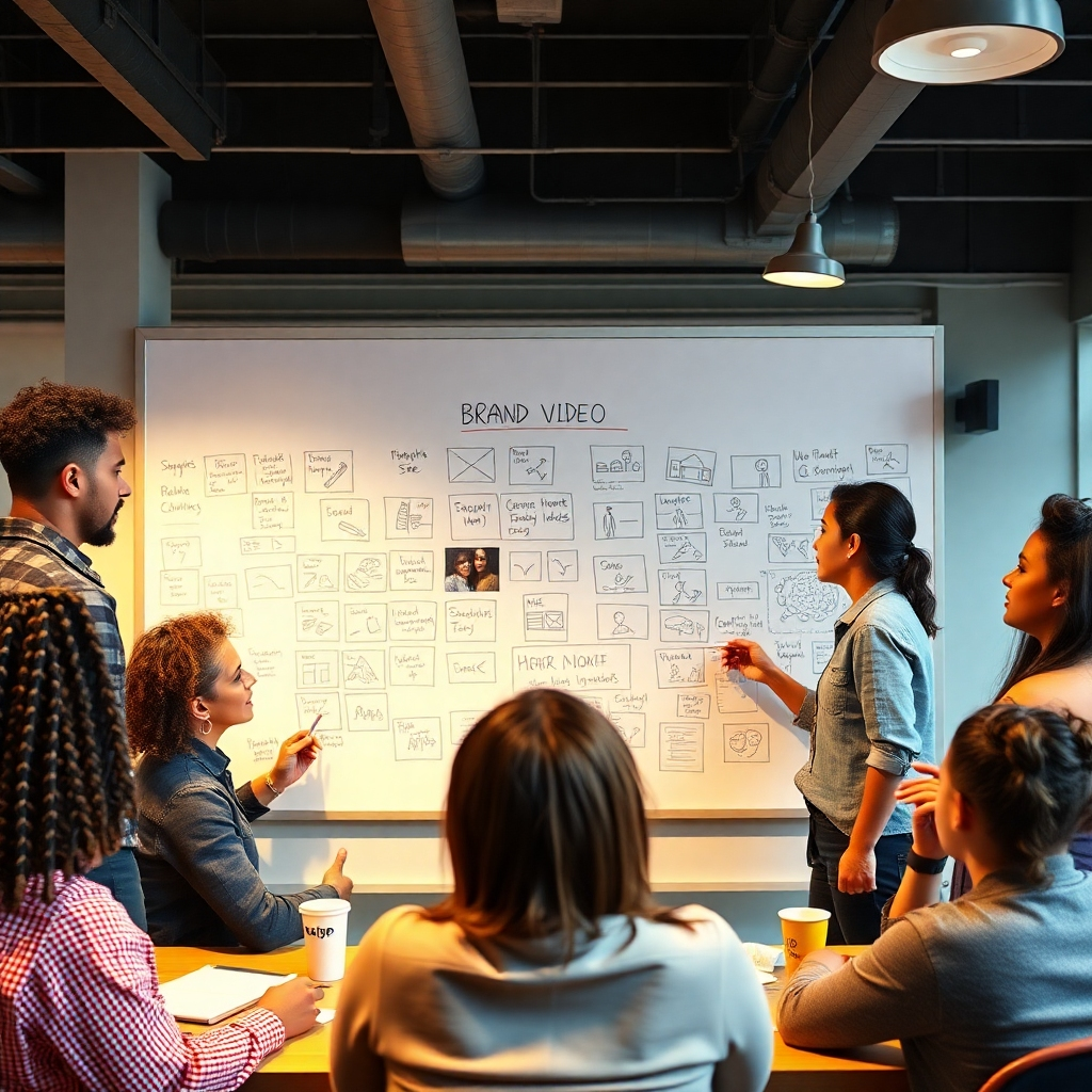Envision a scene where a diverse team is brainstorming around a whiteboard covered with storyboards and ideas for a brand video. The atmosphere is collaborative and creative. Lighting should be warm and inspiring. The color palette should reflect the brand's identity (choose a palette that is inviting and authentic). The environment is a modern, open office space. Style reference: A blend of documentary filmmaking and corporate branding. 8k resolution, photorealistic.