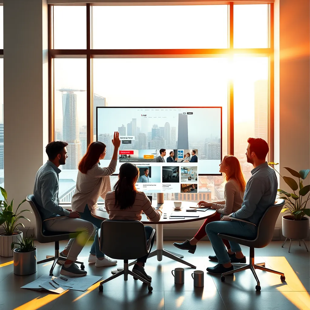 Generate a photorealistic, 8K resolution image for a website header depicting a modern, sleek office space with a large window showcasing a vibrant cityscape. The scene should be bathed in warm, natural light streaming in from the window, creating a sense of energy and creativity. Focus on a team of diverse individuals, including designers, developers, and marketers, collaborating on a large monitor displaying a website mockup. The monitor should be positioned at an angle for a dynamic composition. Each person should be engagingly interacting with the design, representing the collaborative spirit of the company. Incorporate subtle details like scattered design sketches, coffee cups, and plants, reflecting a casual yet professional work environment. Aim for a color palette of calming blues and greens with pops of vibrant accent colors for the website mockup and details. The overall mood should exude professionalism, innovation, and a collaborative team spirit. Style references: Google Creative Lab, Apple Studios, WeWork, and similar modern, innovative design studios. Capture the image from a slightly elevated angle, as if looking down on the team in action., ultra high resolution, photorealistic, 8K, hyperdetailed, cinematic lighting