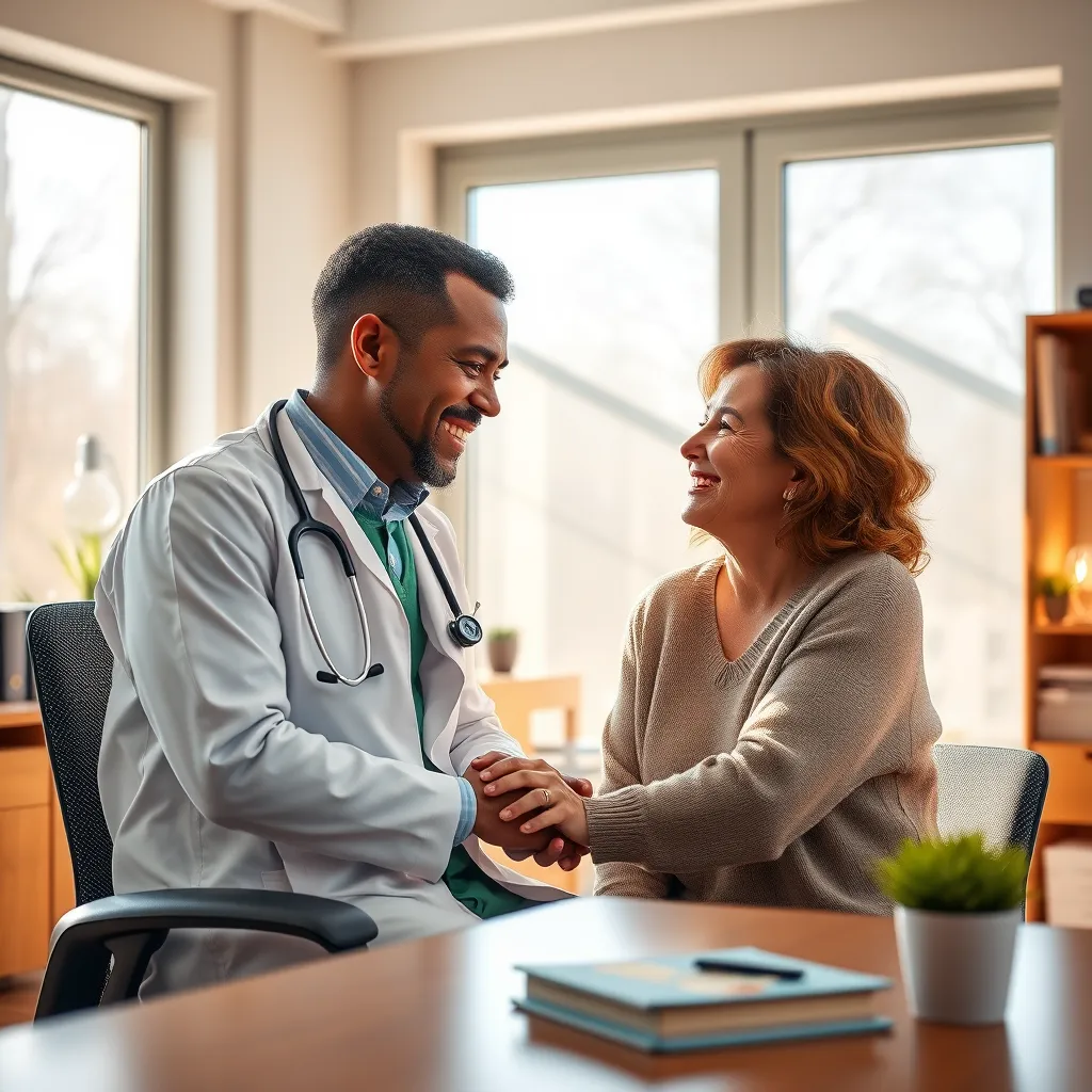 Generate a photorealistic, ultra-high quality image depicting the essence of SAITS4U Doctor. The image should feature a warm and inviting medical office setting, with a focus on the doctor-patient interaction.  A friendly, diverse doctor is seated at a desk in a well-lit, modern office, engaging in a warm conversation with a patient. The patient should be relaxed and comfortable, conveying a sense of trust and care. Natural light streams through large windows, creating a bright and airy atmosphere. The color palette should be warm and calming, using tones of soft blue, green, and beige. The background should include elements of medical equipment and books, suggesting a professional and knowledgeable environment. The camera angle should be slightly elevated, emphasizing the doctor's attentive posture and the close connection between doctor and patient. Aim for a hyperrealistic style with sharp details, showcasing the high quality of the image. Render the image in 8K resolution, capturing the subtle textures of the doctor's clothing, the patient's skin, and the wood grain of the desk., ultra high resolution, photorealistic, 8K, hyperdetailed, cinematic lighting