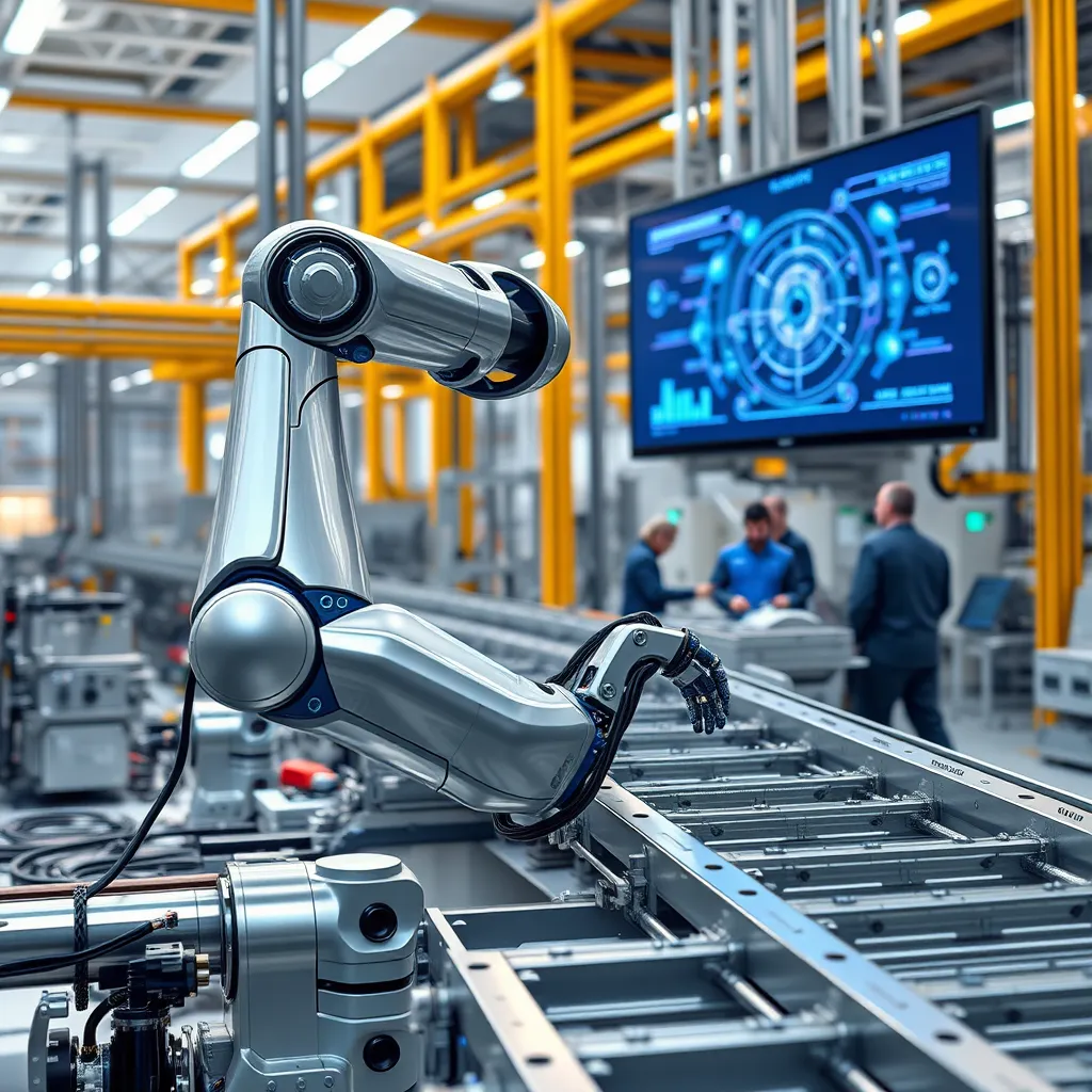 Generate a photorealistic, ultra-high quality image (8K resolution, hyperrealistic) of a futuristic, sleek, and modern factory setting. The focal point should be a robotic arm with advanced neural network technology, gracefully interacting with a complex assembly line. The robot should be silver and blue, with sleek, rounded edges and a futuristic design.  The assembly line should be composed of modular, interconnected units that represent different stages of a manufacturing process. The lighting should be bright and vibrant, with a mix of warm and cool tones.  The overall mood should be one of efficiency, innovation, and advanced technology. Include subtle visual cues that suggest the presence of artificial intelligence, such as data visualizations, holographic displays, or neural network diagrams. In the background, showcase a team of engineers and technicians working collaboratively on a large digital screen, demonstrating the integration of human intelligence and artificial intelligence in the factory environment.  The image should have a dynamic composition, emphasizing the movement of the robotic arm and the flow of the assembly line., ultra high resolution, photorealistic, 8K, hyperdetailed, cinematic lighting