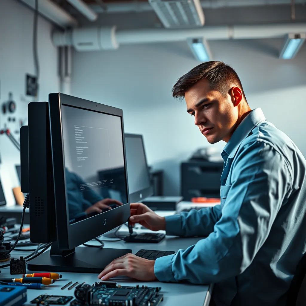 Generate a photorealistic, ultra-high quality 8K resolution header image showcasing SAITS4U Computer Repair. The image should feature a clean, modern workspace with a technician working on a desktop computer, surrounded by tools and equipment. The lighting should be bright and natural, highlighting the details of the workspace and the technician's hands as they work on the computer. The color palette should be composed of cool blues, greys, and whites, reflecting professionalism and a high-tech environment. The camera angle should be slightly elevated, capturing the technician's focused expression as they work. The desktop computer should be positioned front and center, with its components clearly visible, while other tools like screwdrivers, soldering irons, and circuit boards should be strategically placed in the background. The overall mood should be one of confidence, expertise, and reliability, reflecting SAITS4U's commitment to providing excellent computer repair services. For visual references, use imagery from Apple's tech repair videos and high-quality photography of modern workspaces. Ensure the image is hyperrealistic and incorporates subtle textures and material details for a photorealistic look., ultra high resolution, photorealistic, 8K, hyperdetailed, cinematic lighting