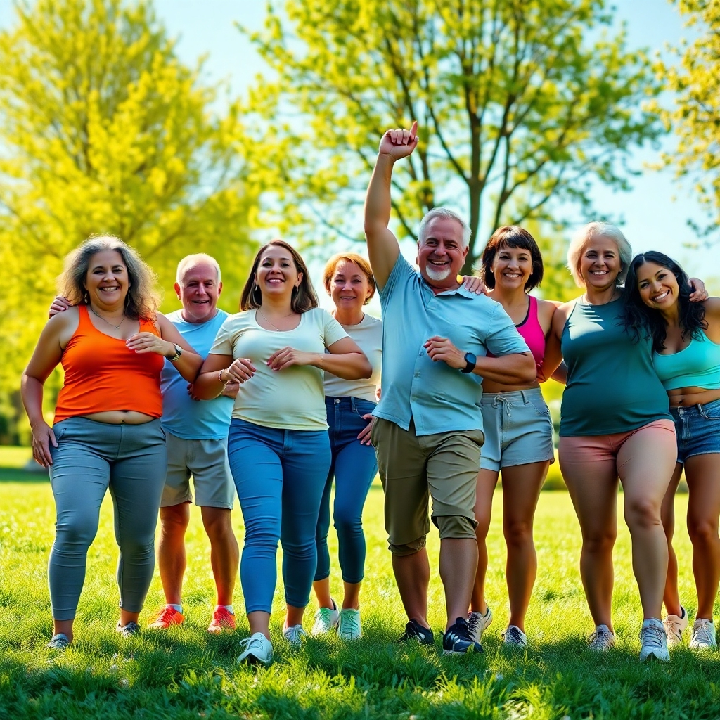 Generate a photorealistic, ultra-high quality 8K resolution image depicting a diverse group of happy, healthy individuals of various ages and body types, celebrating their weight loss achievements together. The scene should be set outdoors in a vibrant, sun-drenched park, with lush greenery and a clear blue sky. The lighting should be natural and bright, with soft shadows creating a warm and inviting atmosphere. The color palette should be bright and cheerful, with greens, blues, and warm skin tones dominating. The mood should be celebratory, joyful, and empowering.  The camera angle should be slightly elevated, offering a dynamic perspective of the group.  The individuals should be dressed in comfortable, athletic attire.  Textures should be realistic and detailed, showing the texture of the grass, skin, and clothing.  Materials should appear natural and high quality. Environmental elements include a well-maintained park setting with blooming flowers in the background, creating a sense of freedom and renewal.  Props could include fitness trackers or water bottles. The overall style should be reminiscent of high-end fitness brand photography, focusing on authenticity and emotion.  The image should evoke feelings of accomplishment, community, and renewed vitality, reflecting the brand's commitment to sustainable, personalized weight loss.  The final render should be hyperrealistic, with attention to detail in skin tones, hair, and clothing textures., ultra high resolution, photorealistic, 8K, hyperdetailed, cinematic lighting
